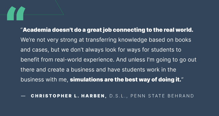 Academia doesn't do a great job connecting to the real world. We're not very strong at transferring knowledge based on books and cases, but we don't always look for ways for students to benefit from real-world experience. 