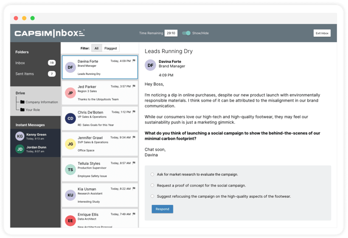 The CapsimInbox interface: a folder rail and an inbox of messages, with one open and the response options to choose from.