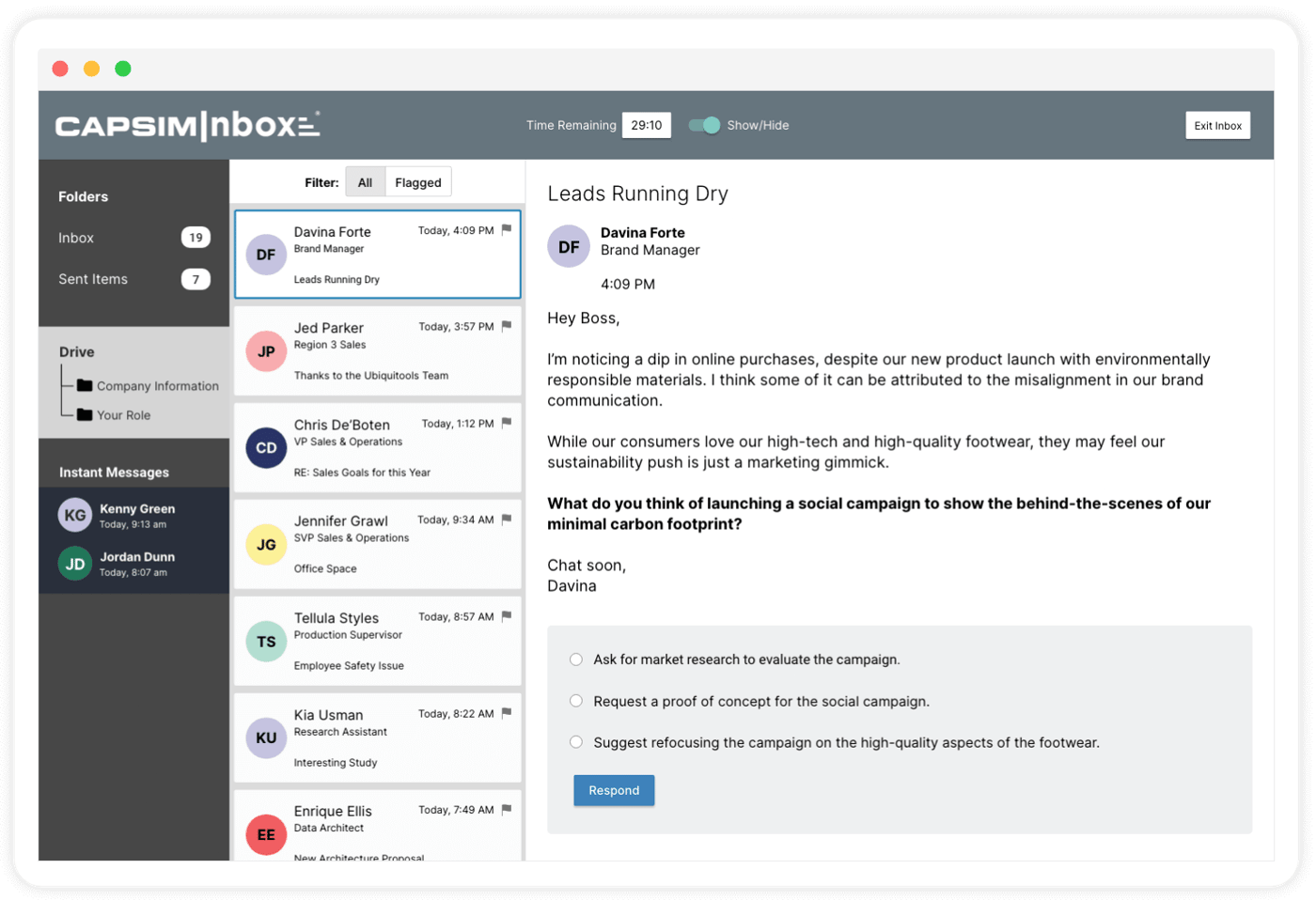 The inbox-simulation interface: a folder rail and an inbox of messages, with one open (a manager weighing a sustainability marketing campaign) and the response options chosen from. The decision is scored against an expert benchmark.