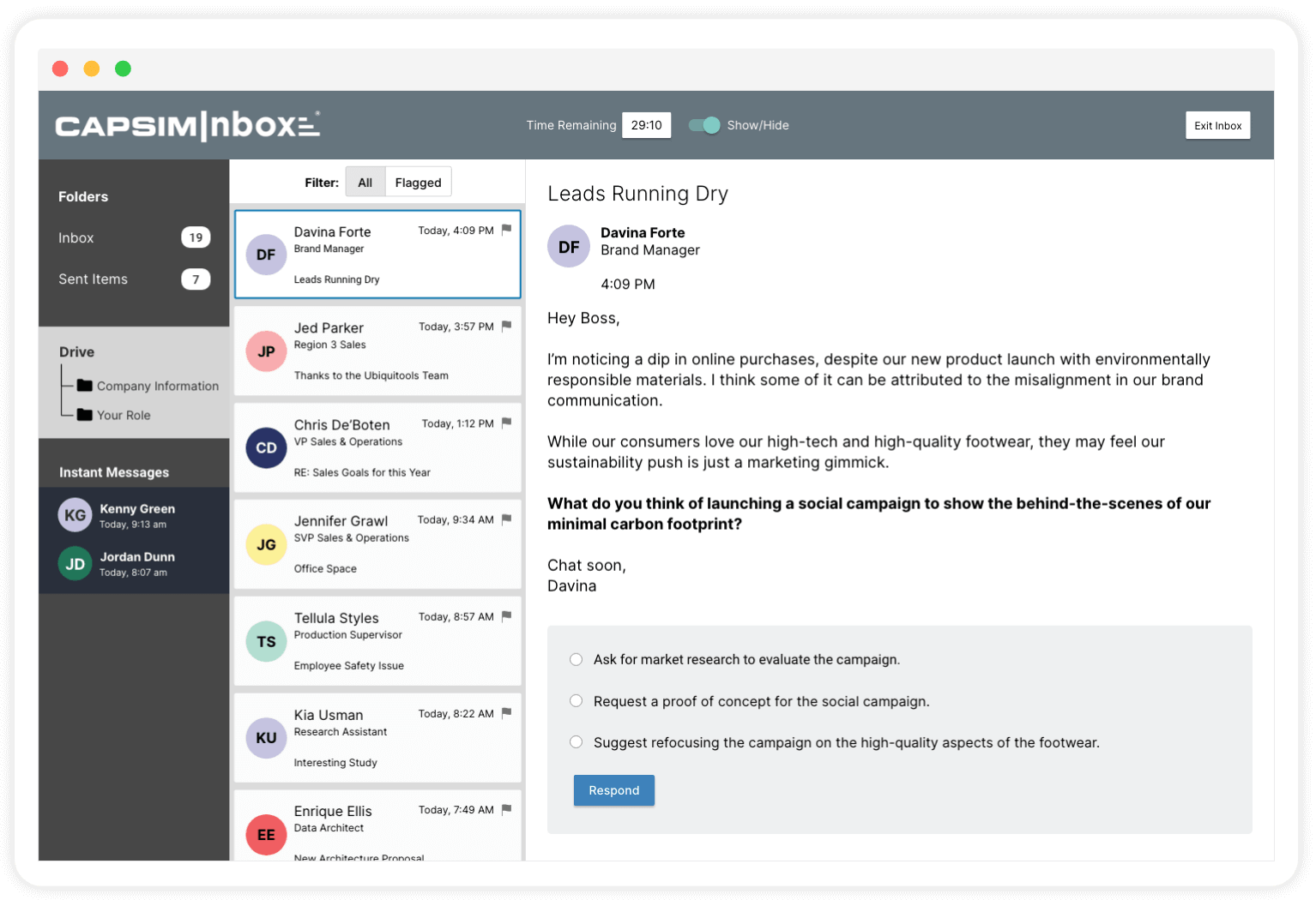 The CapsimInbox interface: a folder rail and an inbox of messages on the left, with one open, a brand manager weighing a sustainability marketing campaign, and the response options she chooses from.