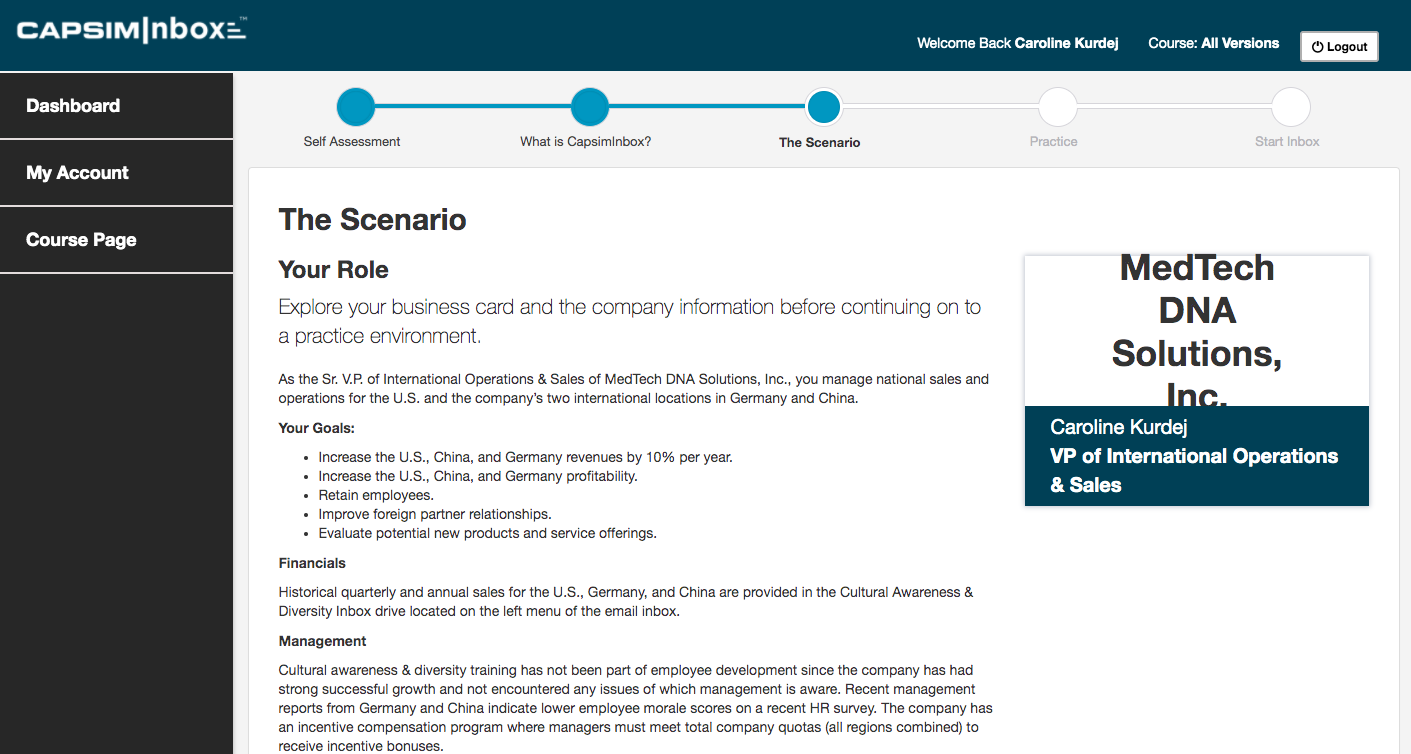 Business Card of Sr. VP of International Operations & Sales in CapsimInbox Cultural Awareness Simulation