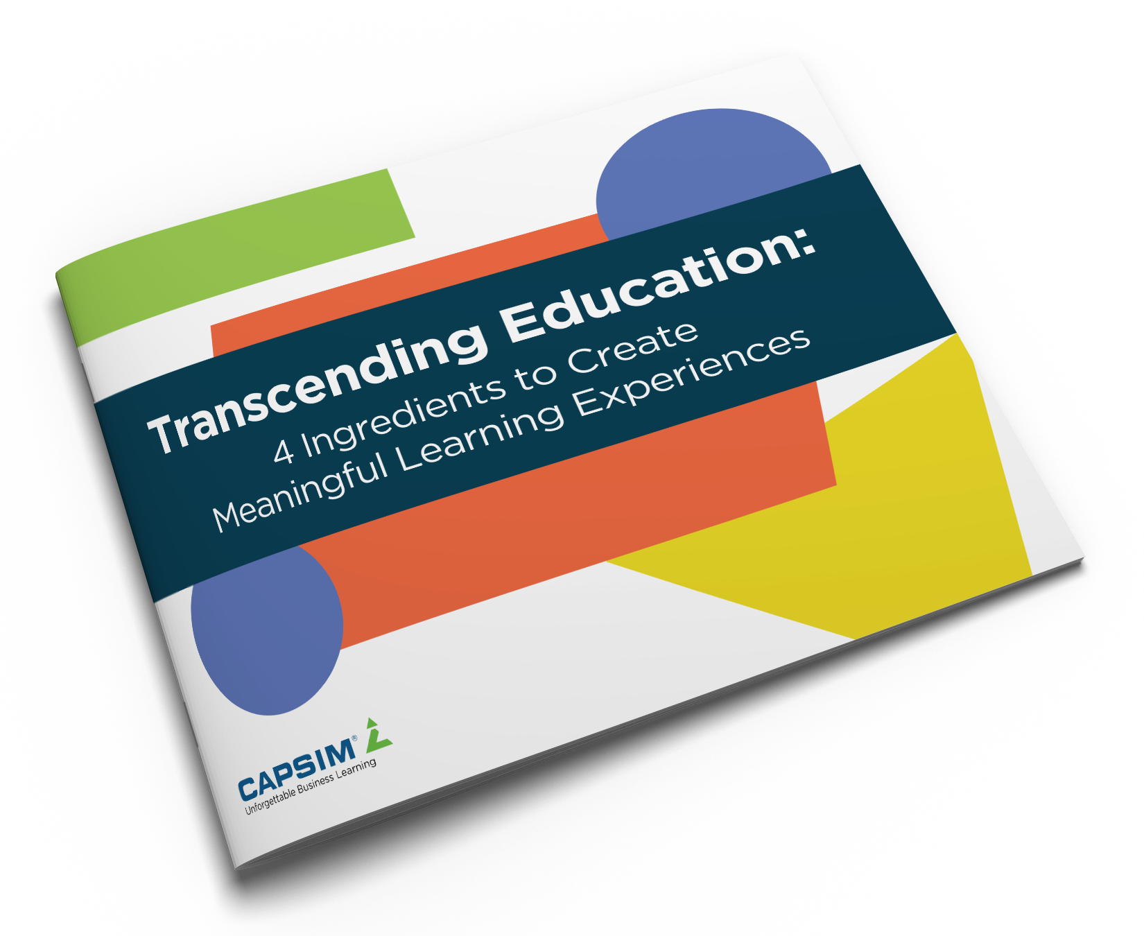 Book with a colorful cover titled “transcending education: 4 ingredients to create meaningful learning experiences”. Authored by Capsim.