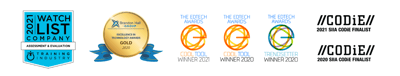 Capsim awards including 2021 Watch List Company, Brandon Hall Group Gold Award 2020, EdTech Cool Tool Awards winner 2021 and 2020, and SIIA CODiE Award finalist 2020 and 2021.